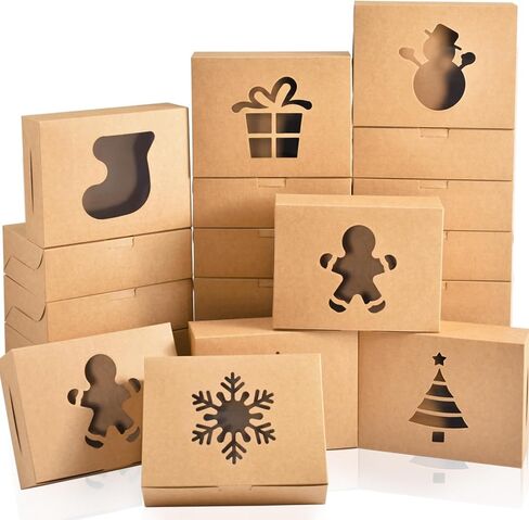 KPOSIYA 36 Pack Christmas Cookie Boxes for Gift Giving, 6x6x3 Inch Brown Bakery Boxes with Window, Large Holiday Cookie Tins with Lids, Small Xmas Treat Boxes for Pastry Dessert Cupcakes Packaging in Kuwait