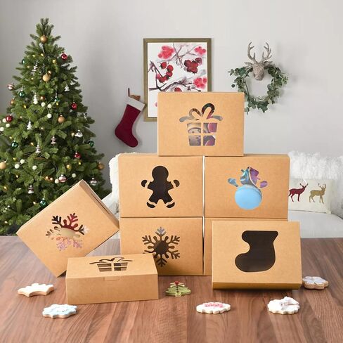 KPOSIYA 36 Pack Christmas Cookie Boxes for Gift Giving, 6x6x3 Inch Brown Bakery Boxes with Window, Large Holiday Cookie Tins with Lids, Small Xmas Treat Boxes for Pastry Dessert Cupcakes Packaging in Kuwait