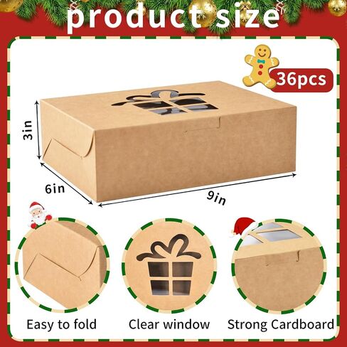 KPOSIYA 36 Pack Christmas Cookie Boxes for Gift Giving, 6x6x3 Inch Brown Bakery Boxes with Window, Large Holiday Cookie Tins with Lids, Small Xmas Treat Boxes for Pastry Dessert Cupcakes Packaging in Kuwait