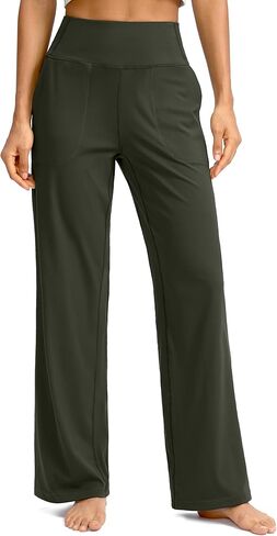 سراويل Soothfeel واسعة الساق للنساء، سراويل عمل اليوغا مع جيوب، سراويل رياضية عالية الخصر، سراويل صغيرة/طويلة 28 بوصة (أخضر جيشي، L) in Kuwait