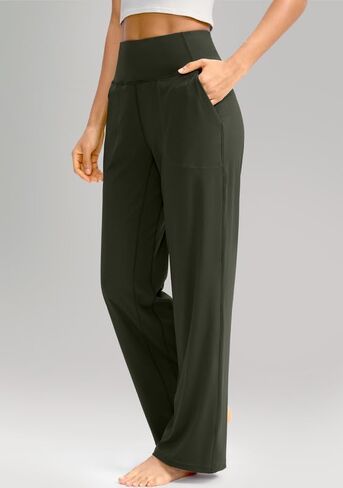 سراويل Soothfeel واسعة الساق للنساء، سراويل عمل اليوغا مع جيوب، سراويل رياضية عالية الخصر، سراويل صغيرة/طويلة 28 بوصة (أخضر جيشي، L) in Kuwait