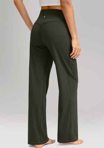 سراويل Soothfeel واسعة الساق للنساء، سراويل عمل اليوغا مع جيوب، سراويل رياضية عالية الخصر، سراويل صغيرة/طويلة 28 بوصة (أخضر جيشي، L) in Kuwait