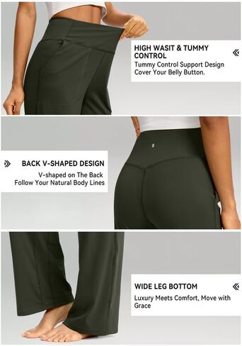 سراويل Soothfeel واسعة الساق للنساء، سراويل عمل اليوغا مع جيوب، سراويل رياضية عالية الخصر، سراويل صغيرة/طويلة 28 بوصة (أخضر جيشي، L) in Kuwait
