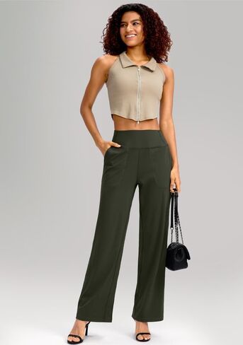 سراويل Soothfeel واسعة الساق للنساء، سراويل عمل اليوغا مع جيوب، سراويل رياضية عالية الخصر، سراويل صغيرة/طويلة 28 بوصة (أخضر جيشي، L) in Kuwait