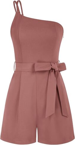 Kate Kasin Women Summer Romper 2024 One Shoulder Smocked Belted Short Jumpsuit with Pockets Beach Vacation Outfits in Saudi Arabia
