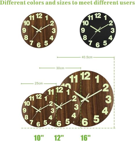 Plumeet Night Light Wall Clock, 12 Inch Wooden Glow in The Dark Clock for Bedroom - Silent Lighted up Wall Clock Luminous Numerals and Hands, Battery Operated for Living Room/Kitchen, Black in Kuwait