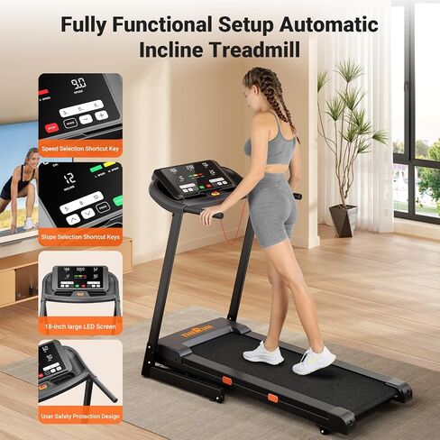 THERUN Incline Treadmill, 0-12% Auto Incline Treadmill for Running and Walking, 300 lbs Weight Capacity Folding Treadmill with Wide Belt,3.0HP,18" LED Screen, 2 Layers Shock-Absorbing in Saudi Arabia