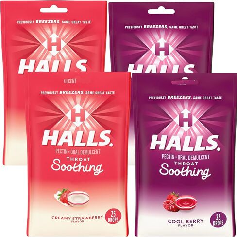 SCHMIDT EMPIRE Halls Throat Soothing (Formerly Halls Breezers) Cool Berry Throat Drops 25 Count Per Bag and Halls Throat Soothing Creamy Strawberry-Cough Drops for Throat 25ct (Pack of 2 (1 of Each)) in Saudi Arabia
