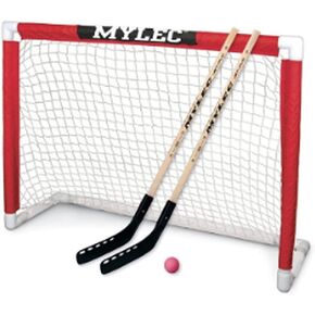 MyLec Deluxe Hockey Set, with 1 Hockey Goal, 2 43" Hockey Sticks & 1 Soft Ball, Sleeve Netting System, PVC Tubing Net, Lighweight & Durable, Enhanced Grip, Pre-Curved Mini Hockey Stick (Red/White)