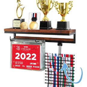 Medal Display Hanger Marathon Race Bibs Display Holder, Wall Mounted Trophy Shelf Rack and Hooks for Running, Sports, Gymnastics Awards 50 Bib Flip Pouches- MK817A