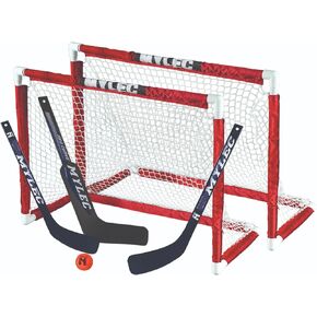 Mylec MINI Deluxe Hockey Set, 2 Hockey Nets, 2 Plastic Hockey Sticks, 1 Plastic Hockey Goalie Stick, 1 Hockey Ball, Sleeve netting system for plastic MINI pipes, Lightweight, MINIATURE, 30.5" x 23"