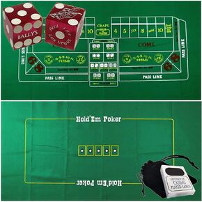 Craps & Texas Hold'em Poker Essentials Set: 2-Sided 6ft x 3ft Felt Layout, Las Vegas Casino Table-Played Dice & Cards, Plus Storage Pouch