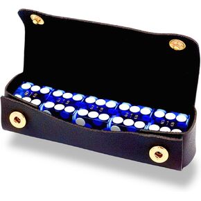 Luck Lab Grade AAA 19mm Casino Dice with Razor Edges and Matching Serial Numbers Set of 5 and Leather Dice Case, Blue