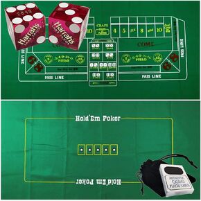 Craps & Texas Hold'em Poker Essentials Set: 2-Sided 6ft x 3ft Felt Layout, Nevada Casino Table-Played Dice & Cards, Plus Storage Pouch (Reno Grand Sierra Resort (Red Polished))