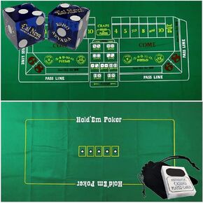 Cyber-Deals Craps & Texas Hold'em Poker Essentials Set: 2-Sided 6ft x 3ft Felt Layout, Nevada Casino Table-Played Dice & Cards, Plus Storage Pouch (Cal Neva (Blue Polished) - Reno)