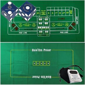 Craps & Texas Hold'em Poker Essentials Set: 2-Sided 6ft x 3ft Felt Layout, Nevada Casino Table-Played Dice & Cards, Plus Storage Pouch (Reno Grand Sierra Resort (Red Polished))