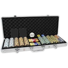 مجموعة DA VINCI Monte Carlo Poker Club المكونة من 500 شريحة 14 جرامًا وثلاثة ألوان مع علبة ألومنيوم مطورة، وطابقين من أوراق اللعب البلاستيكية، وورقتين مقطوعتين، وأزرار موزع وأزرار عمياء