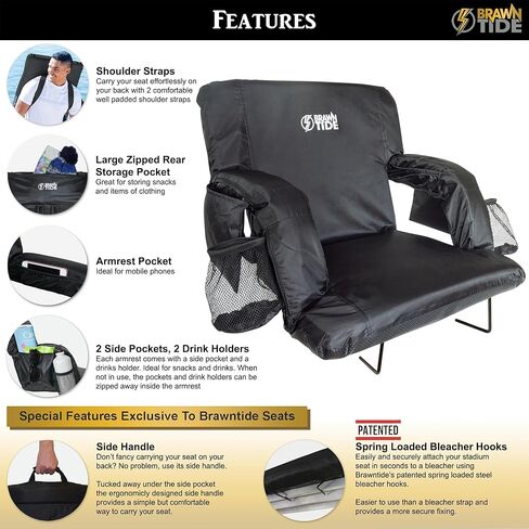 مقعد استاد براونتايد مع دعم للظهر - وسادة مريحة، بطانة سميكة، خطافان فولاذيان للمبيض، 4 جيوب، حاملي أكواب، ظهر متكئ، كرسي مثالي للأحداث الرياضية والشواطئ والتخييم والحفلات الموسيقية in Kuwait