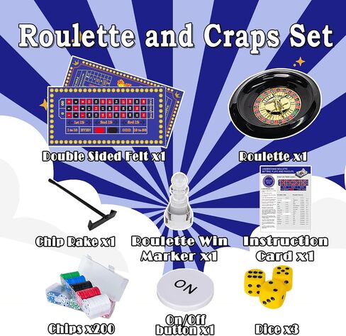 Extguds Roulette Wheel and Craps Set with Double Sided Felt, 10 Inch Roulette, Chip Rake, 200 Chips, Roulette Marker, 3 Dices,Perfect for Game Night Party in Saudi Arabia