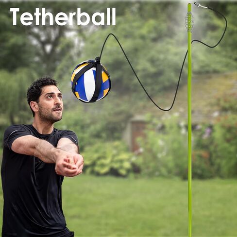 مجموعة JstFrU Tetherball للتنس وTetherball، معدات Tetherball مع عمود للفناء الخلفي والخارجي، مع عمود ارتفاع قابل للتعديل بطول 6.7 قدم، 2 كرات تنس بحبل، 2 مضارب، 1 ​​كرة Tetherball بحبل in Kuwait