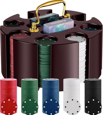 Wettarn Poker Chips Poker Set, 200 Count Rotating Poker Chip Case Wood Carousel Case Holder with 200 Pcs Chips and 2 Decks of Playing Cards for Casino Party Supplies Family Game Gambling Accessory in Saudi Arabia