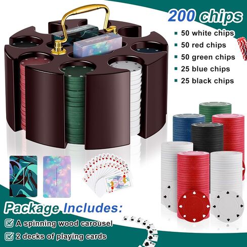 Wettarn Poker Chips Poker Set, 200 Count Rotating Poker Chip Case Wood Carousel Case Holder with 200 Pcs Chips and 2 Decks of Playing Cards for Casino Party Supplies Family Game Gambling Accessory in Saudi Arabia