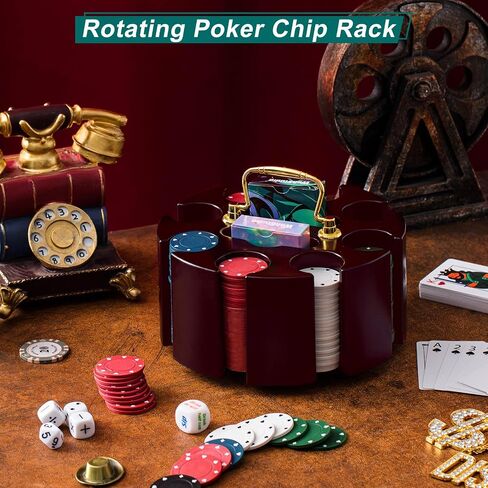Wettarn Poker Chips Poker Set, 200 Count Rotating Poker Chip Case Wood Carousel Case Holder with 200 Pcs Chips and 2 Decks of Playing Cards for Casino Party Supplies Family Game Gambling Accessory in Saudi Arabia