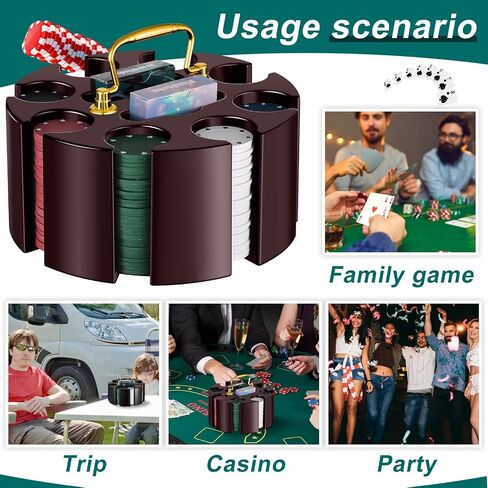 Wettarn Poker Chips Poker Set, 200 Count Rotating Poker Chip Case Wood Carousel Case Holder with 200 Pcs Chips and 2 Decks of Playing Cards for Casino Party Supplies Family Game Gambling Accessory in Saudi Arabia