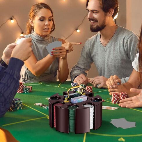 Wettarn Poker Chips Poker Set, 200 Count Rotating Poker Chip Case Wood Carousel Case Holder with 200 Pcs Chips and 2 Decks of Playing Cards for Casino Party Supplies Family Game Gambling Accessory in Saudi Arabia