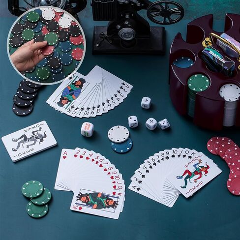 Wettarn Poker Chips Poker Set, 200 Count Rotating Poker Chip Case Wood Carousel Case Holder with 200 Pcs Chips and 2 Decks of Playing Cards for Casino Party Supplies Family Game Gambling Accessory in Saudi Arabia