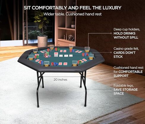 Poker Table 8 Player Portable Poker Table Foldable Poker Table with Casino Grade Felt Cushioned Armrest and 8 Cup Holder for Playing Texas Holdem Blackjack Gambling Card Game 48" Folding Octagon Table in Kuwait
