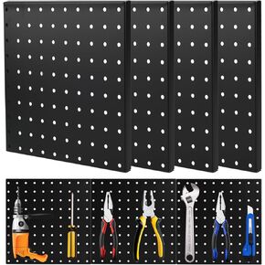 Metal Pegboard Wall Organizer, 4 Pcs Heavy Duty Black Panels for Garage, Workshop, Craft Room Peg Board