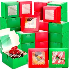 Cholemy 100 Pcs Christmas Bakery Boxes with Window 6 x 6 x 3 Inches Cookie Boxes for Gift Giving Small Treat Boxes Pastry Boxes for Chocolate, Macarons, Cupcakes, Donuts(Red, Green)