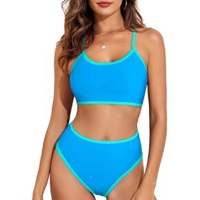 Herseas Women 2 Piece Bikini Set 2025 Summer Color Block Trim Sporty Swimsuit Spaghett Strap Bathing Suit