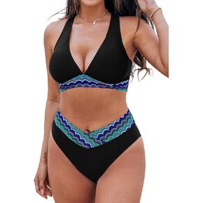 CUPSHE Bikini Sets for Women Large Bust High Waisted Two Piece Bathing Suit Plunging Neck Back Lace Up Strappy