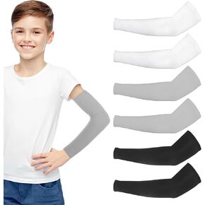 Molain 3Pairs Kids Arm Sleeves Thinly UV Sun Protection Cooling Arm Compression Sleeves, Outdoor Sport Breathable Elastic Ice Sleeve for Youth Boys Girls 8-10 Years Basketball (Black White Grey)
