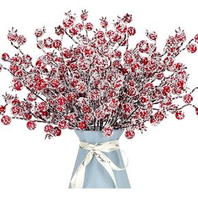 12 Pack Artificial Red Berry Stems Frosted Holly Berry Picks Christmas Picks Sprays Snowy Berry Twig Branches for Xmas Tree Garland Wreath Craft Supplies Table Centerpiece Home Decorations (Red, 12)
