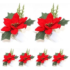 Christmas Poinsettia Napkin Rings Set of 6 Napkin Holders with Gold Poinsettia Flowers,Berries,Christmas Napkin Rings Dinning Table Setting for Wedding Party Holiday Banquet Decor (Gold Poinsettia)