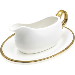 Cheardia 14 oz Gravy Boat with Tray, White Ceramic Sauce Boat with Gold Trim, Ergonomic Handle and Big Dripless Lip Spout for Salad Dressings, Creamer, Broth, Black Pepper