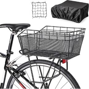 Rear Bike Basket - Large Bicycle Rear Basket with Cargo Net and Waterproof Cover, Wire Bike Baskets Rear Large Capacity