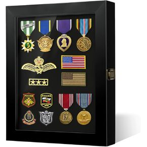 Pin Display Case, 11 x 14 Solid Wood Lapel Pin Display Box with HD Tempered Glass for Military Medal Badge Velcro Patch Board