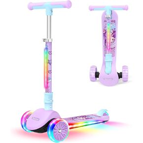 BELEEV A9 Kids Scooter with LED Light-Up Wheels & Deck, 3 Wheel Folding Scooter for Toddlers Girls Boys Ages 3-12, Adjustable Handlebar, Lean to Steer, Extra-Wide Wheels, Kick Scooter for Children