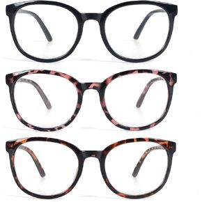 KoKoBin 3 Pack Women Round Reading Glasses，Blue Light Blocking Spring Hinge Fashion Readers