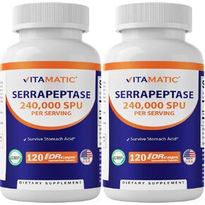 Vitamatic Serrapeptase 240,000 SPU Servings, 120 Delayed Released Capsules - Enteric Coated - Non-GMO & Gluten Free - Made in The USA (120 Count (Pack of 2))