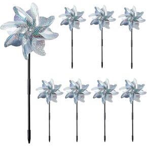 21 Inches Silver Reflective Pinwheels with Stakes, Foil Pin Wheels Windmill Wind Spinners Outdoor Garden Lawn Yard Decor Scare Birds Away Garden Pinwheels 8 Packs