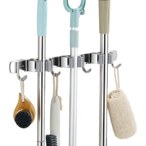 Wall mounted broom and mop holder, no-punch self-adhesive stainless steel heavy duty broom holder for kitchen, garden, laundry and garage (3 racks 4 hooks)