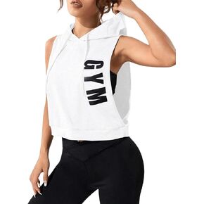 Women's Sleeveless Letter Print Hoodie Casual Drawstring Sports Hooded Tank Top Workout Tops