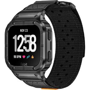MioHHR Band Compatible with Fitbit Versa 4 3 2 1 /Fitbit Versa Lite/Fitbit Sense/Sense 2 Bands with Stainless Steel Case, Breathable Nylon Sport Adjustable Strap Replacement Rugged Wristband for Men