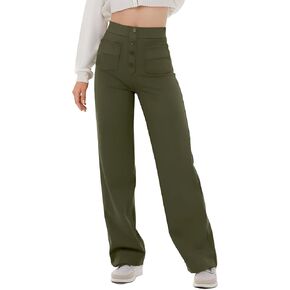 Women's Casual High Waisted Straight Leg Pants Button Down Stretchy Business Work Trousers with Multiple Pockets