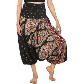 LOFBAZ Yoga Harem Pants for Women Boho Hippie Bohemian Clothing Womens Indian Beach Gypsy Clothes Maternity Genie Jumpsuit Floral Black S